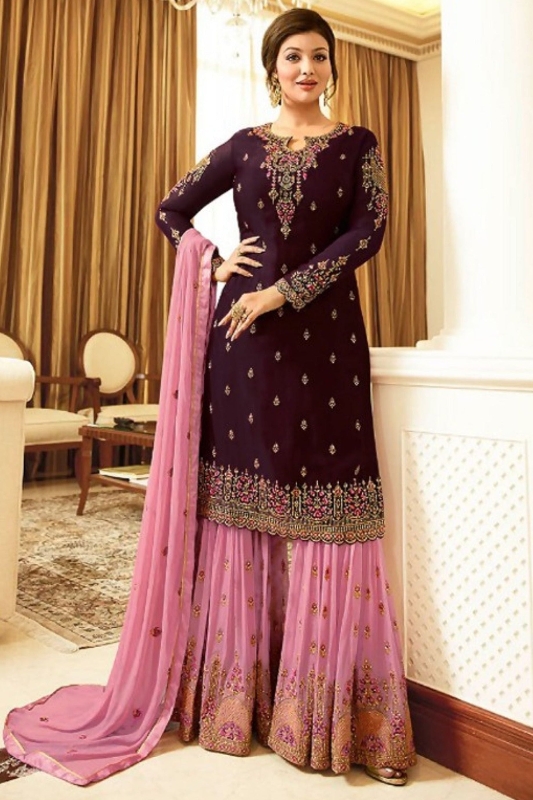 Blue Pakistani Georgette Plazo For Wedding & Festival - Embroidery Work