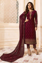 Wine Pakistani Georgette Salwar Kameez For Wedding & Festival - Embroidery Work