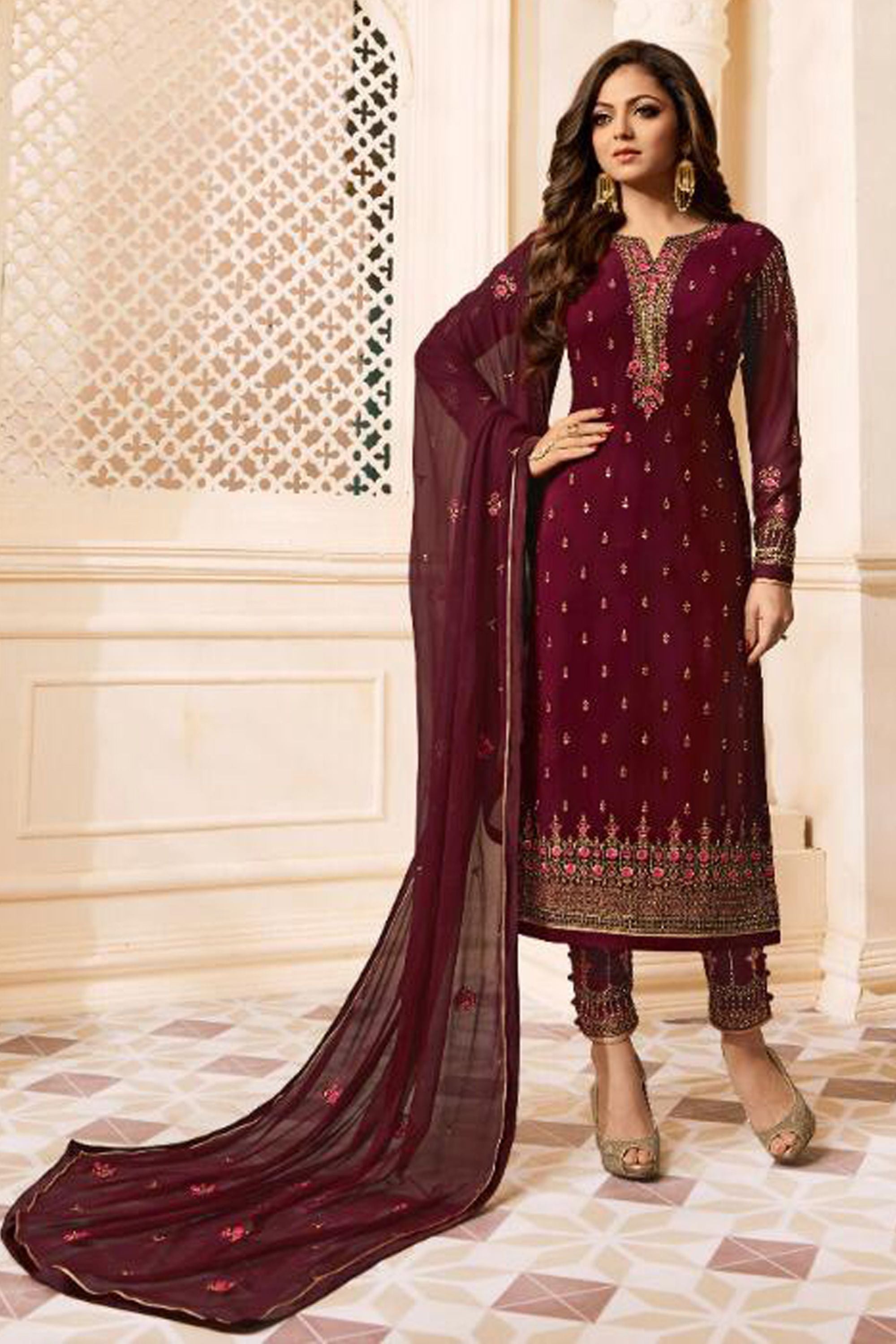 Wine Pakistani Georgette Salwar Kameez For Wedding & Festival - Embroidery Work
