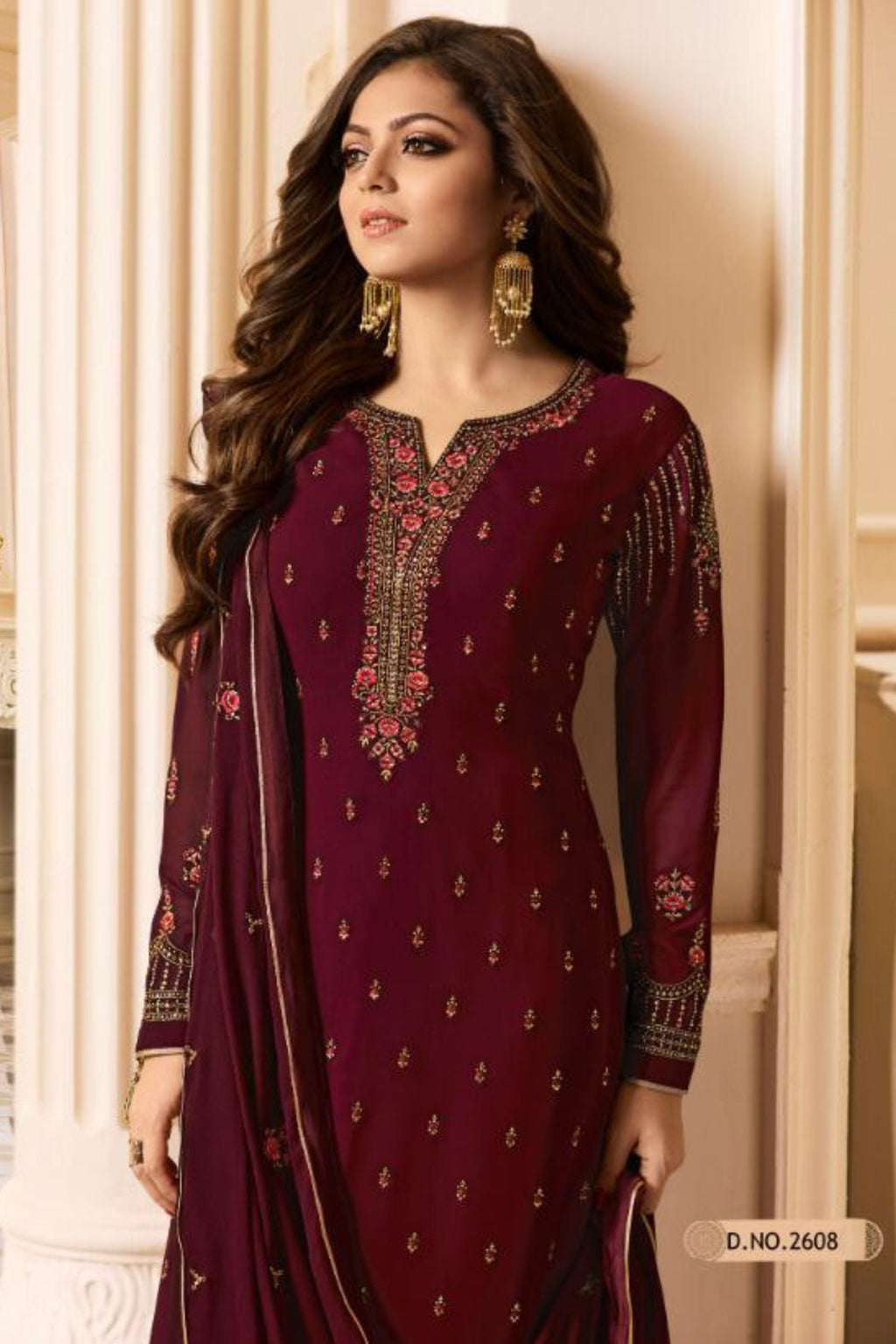 Wine Pakistani Georgette Salwar Kameez For Wedding & Festival - Embroidery Work