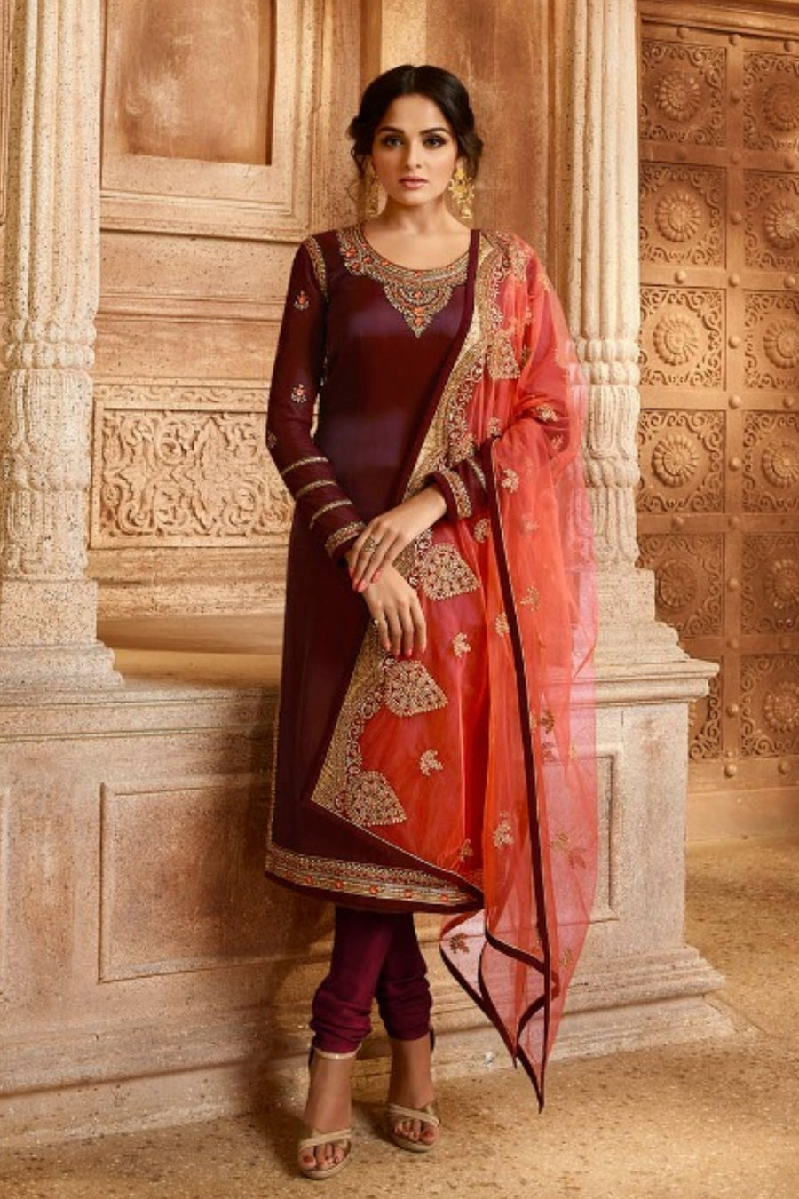 Wine Pakistani Satin Georgette Salwar Kameez For Wedding & Festival - Embroidery Work