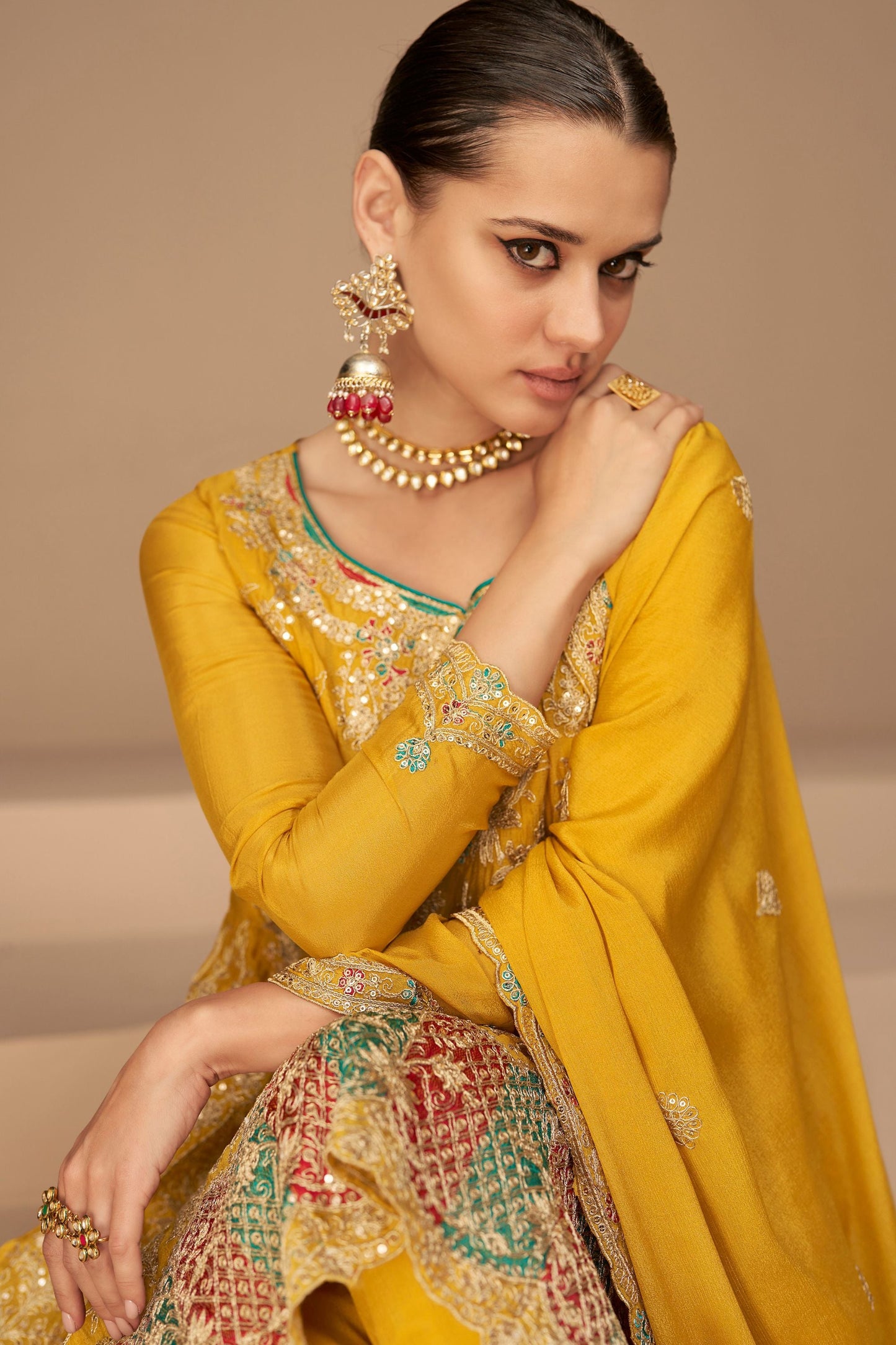 Yellow Pakistani Chinon Salwar Kameez For Indian Festivals & Weddings - Thread Embroidery Work,