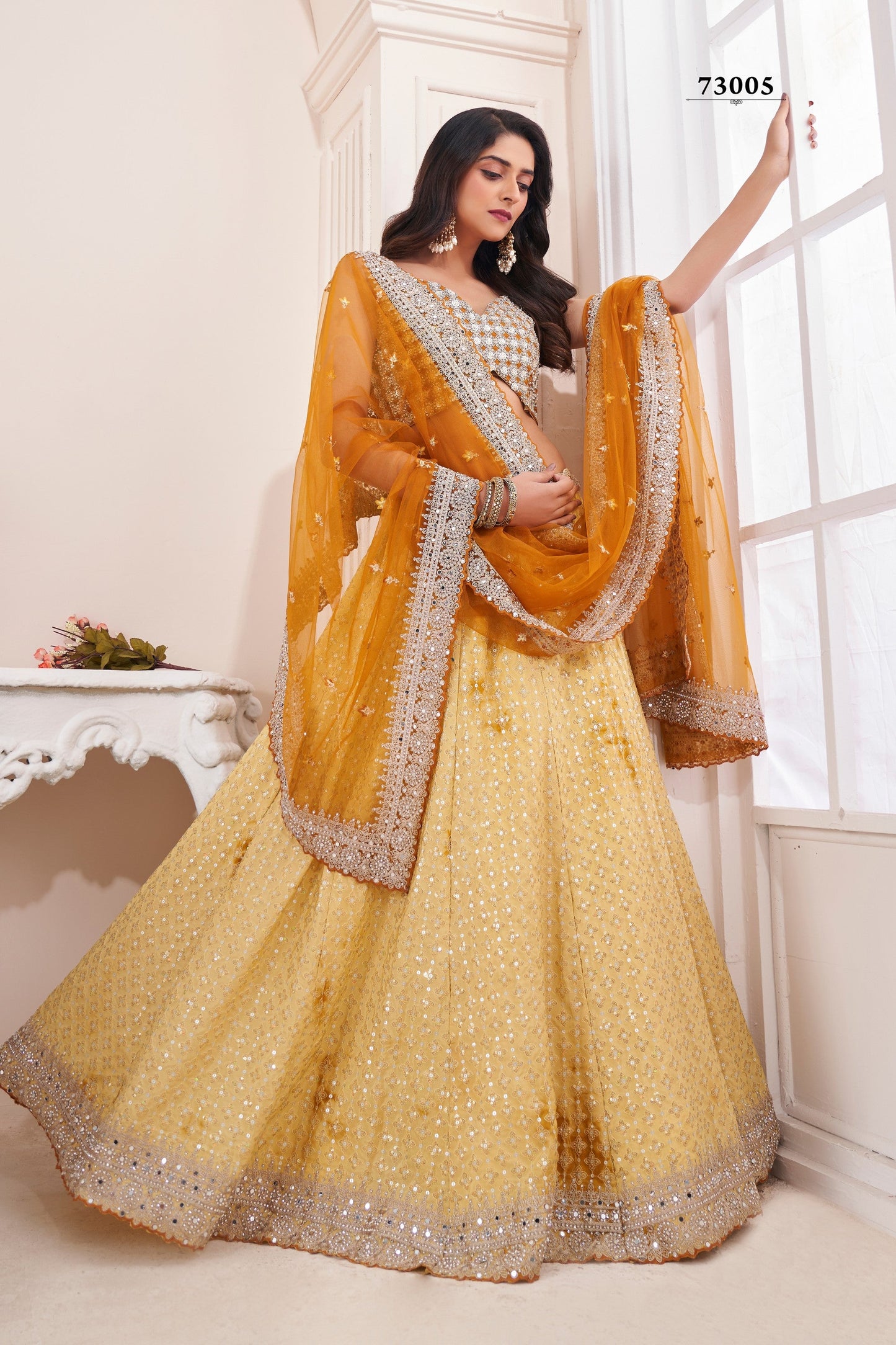 Yellow Pakistani Georgette Lehenga Choli For Indian Festivals & Weddings - Sequence Embroidery Work, Stone Work, Mirror Work, Dori Work
