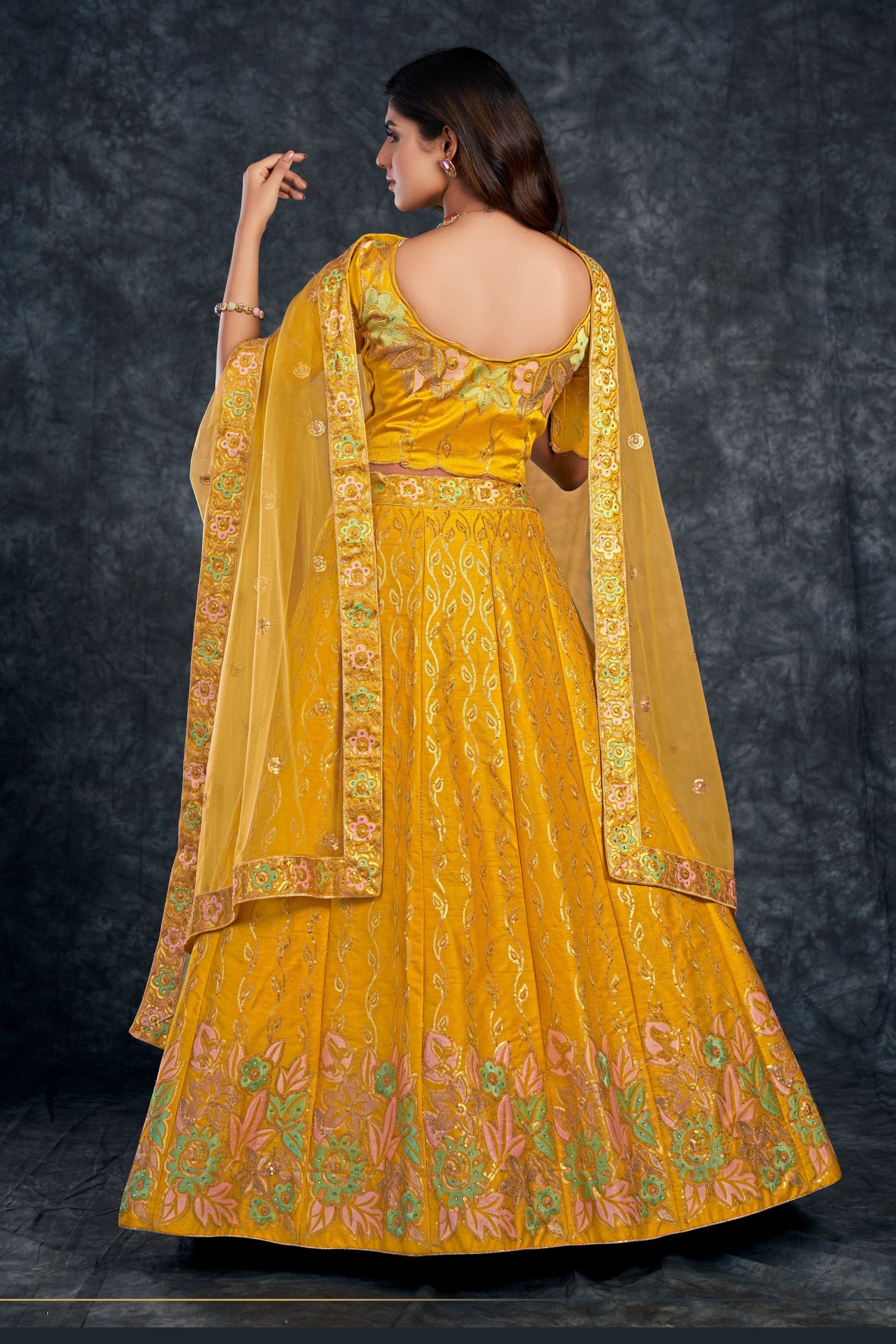 Yellow Pakistani Silk Lehenga Choli For Indian Festivals & Weddings - Sequence Embroidery Work, Thread Embroidery Work, Stone Work, Zari Work
