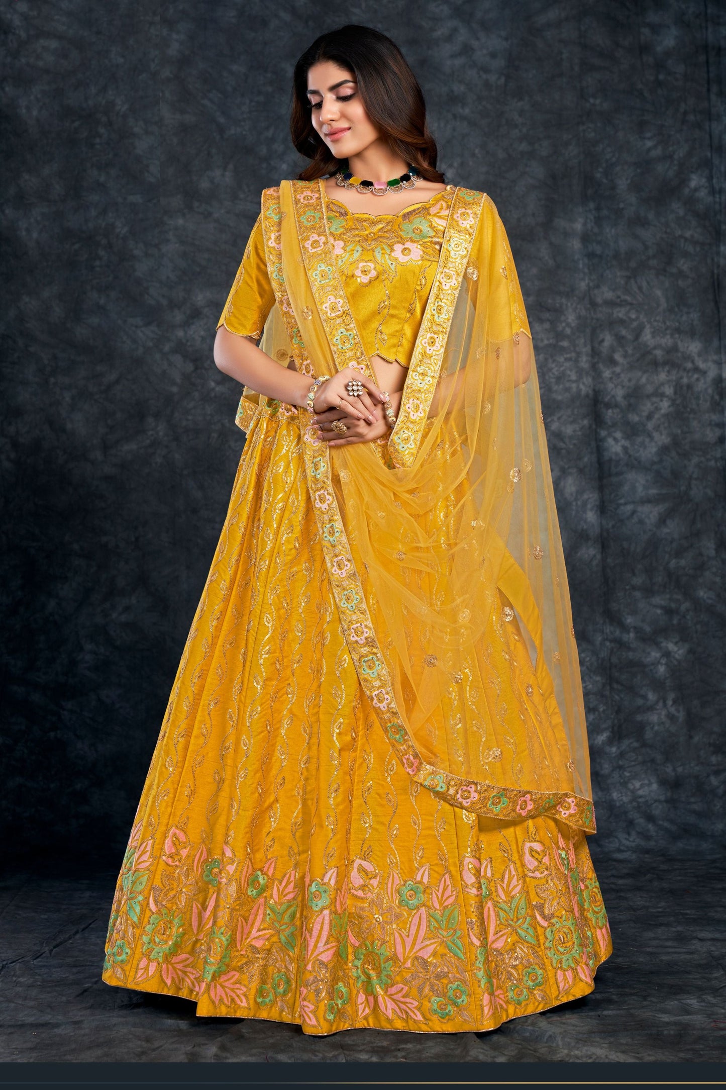Yellow Pakistani Silk Lehenga Choli For Indian Festivals & Weddings - Sequence Embroidery Work, Thread Embroidery Work, Stone Work, Zari Work