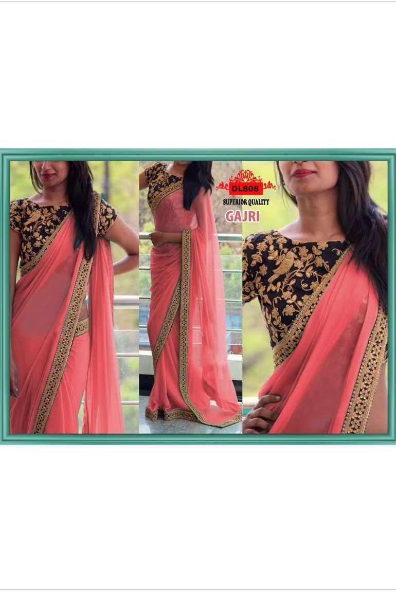Yellow Georgette Plain Saree with Heavy Embroidery Blouse | Indian Festival Sari - Embroidery Work