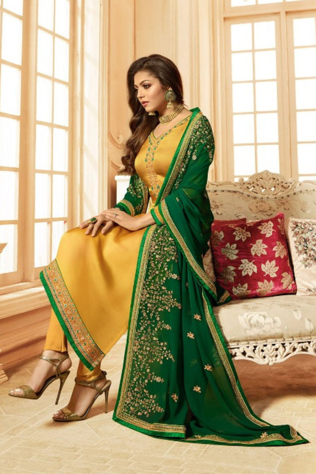 Yellow Pakistani Georgette Salwar Kameez For Wedding & Festival - Embroidery Work