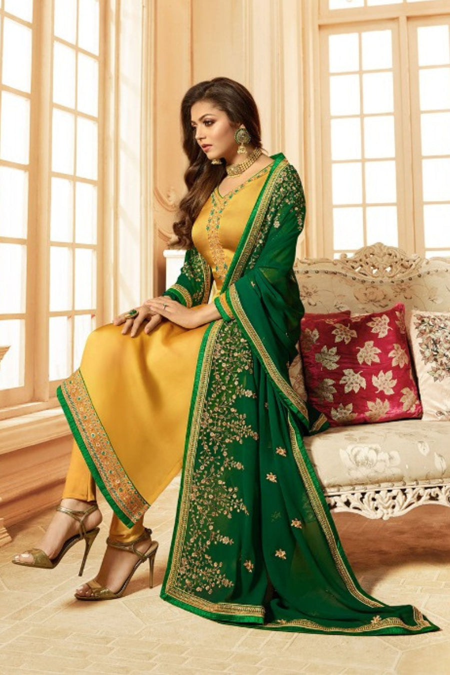 Yellow Pakistani Georgette Salwar Kameez For Wedding & Festival - Embroidery Work