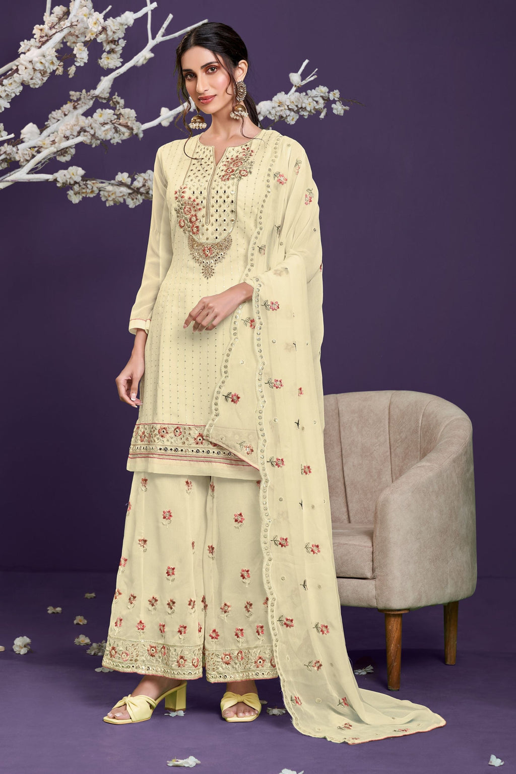 Yellow Pakistani Georgette Sharara For Indian Festivals & Weddings - Thread Embroidery Work, Zari Work, Khatli Work, Sequence Embroidery Work