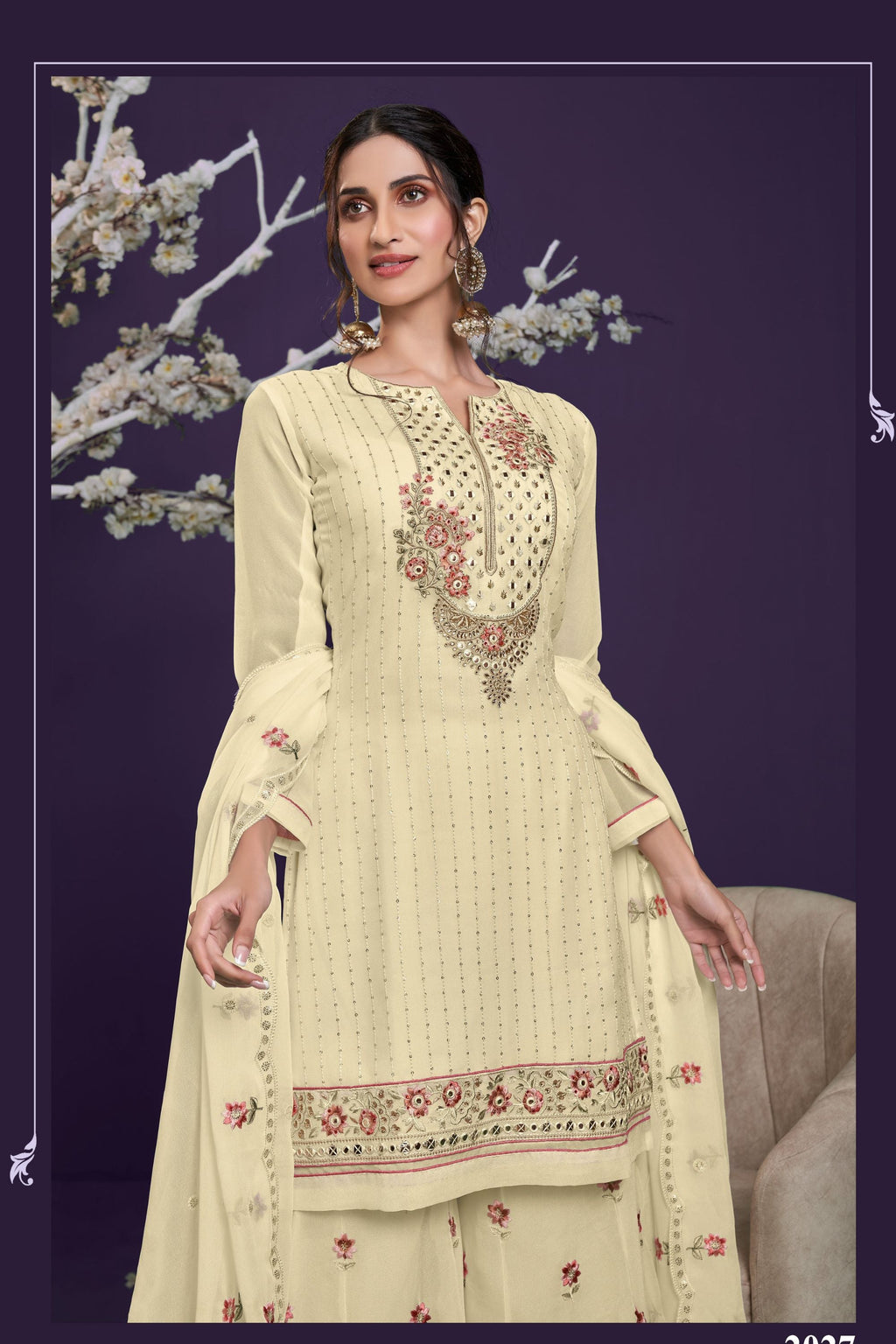 Yellow Pakistani Georgette Sharara For Indian Festivals & Weddings - Thread Embroidery Work, Zari Work, Khatli Work, Sequence Embroidery Work