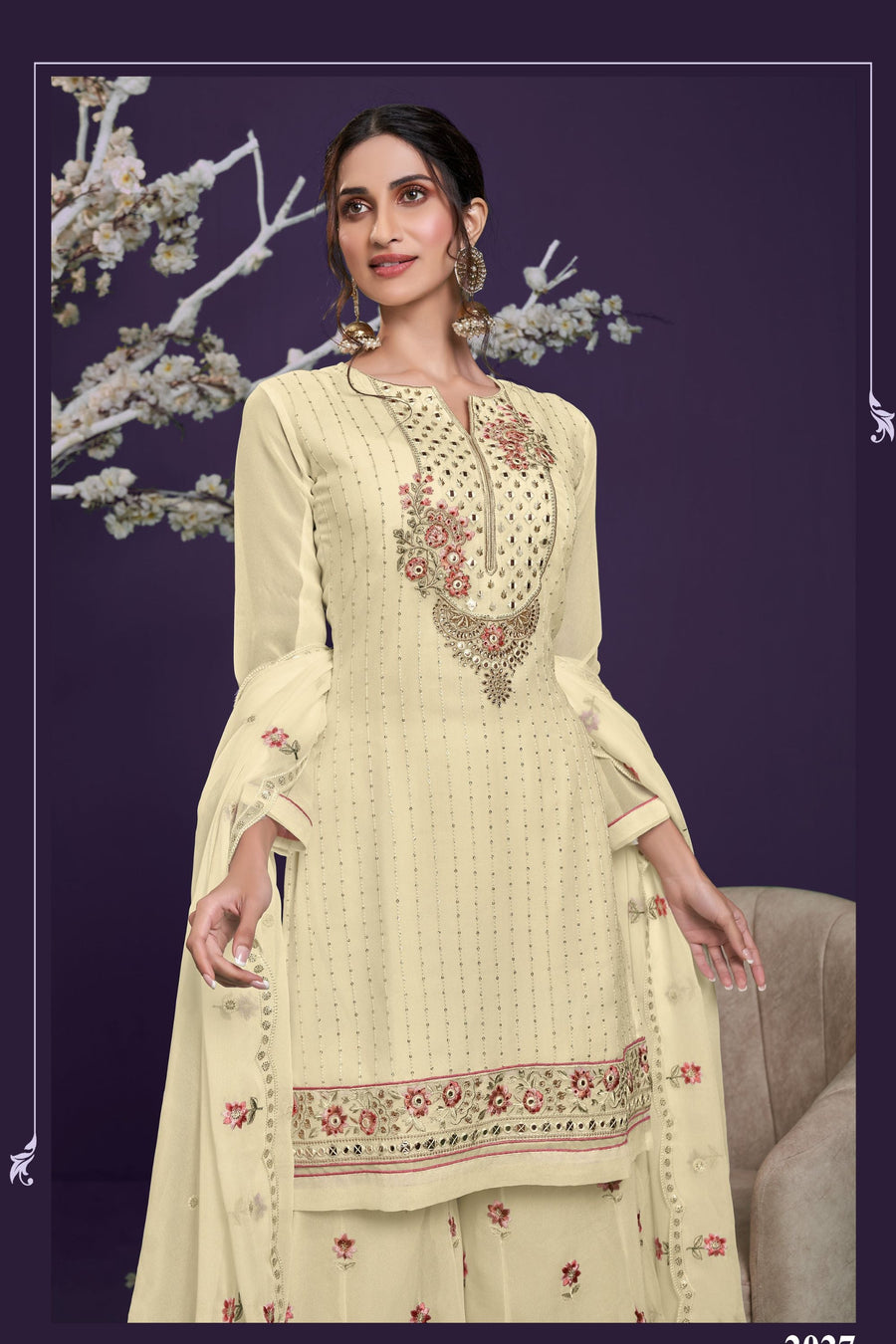 Yellow Pakistani Georgette Sharara For Indian Festivals & Weddings - Thread Embroidery Work, Zari Work, Khatli Work, Sequence Embroidery Work