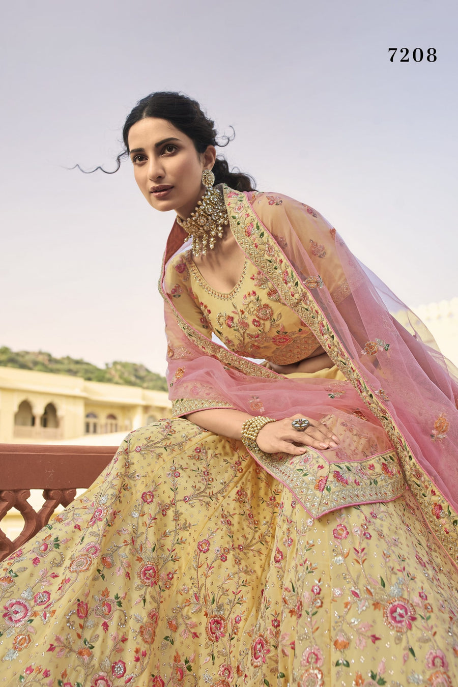 Yellow Pakistani Organza Lehenga Choli For Indian Festivals & Weddings - Thread Embroidery Work, Zari Work, Dori Work, Swarovski Work, Zarkan Work