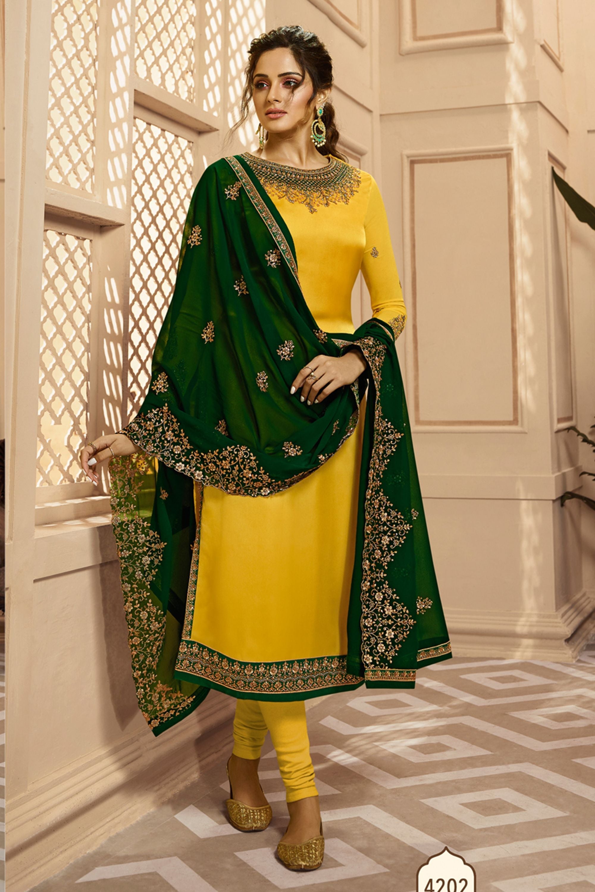 Yellow Pakistani Satin Georgette Salwar Kameez For Wedding & Festival - Embroidery Work