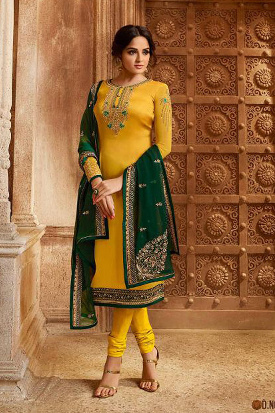 Yellow Pakistani Satin Georgette Salwar Kameez For Wedding & Festival - Embroidery Work