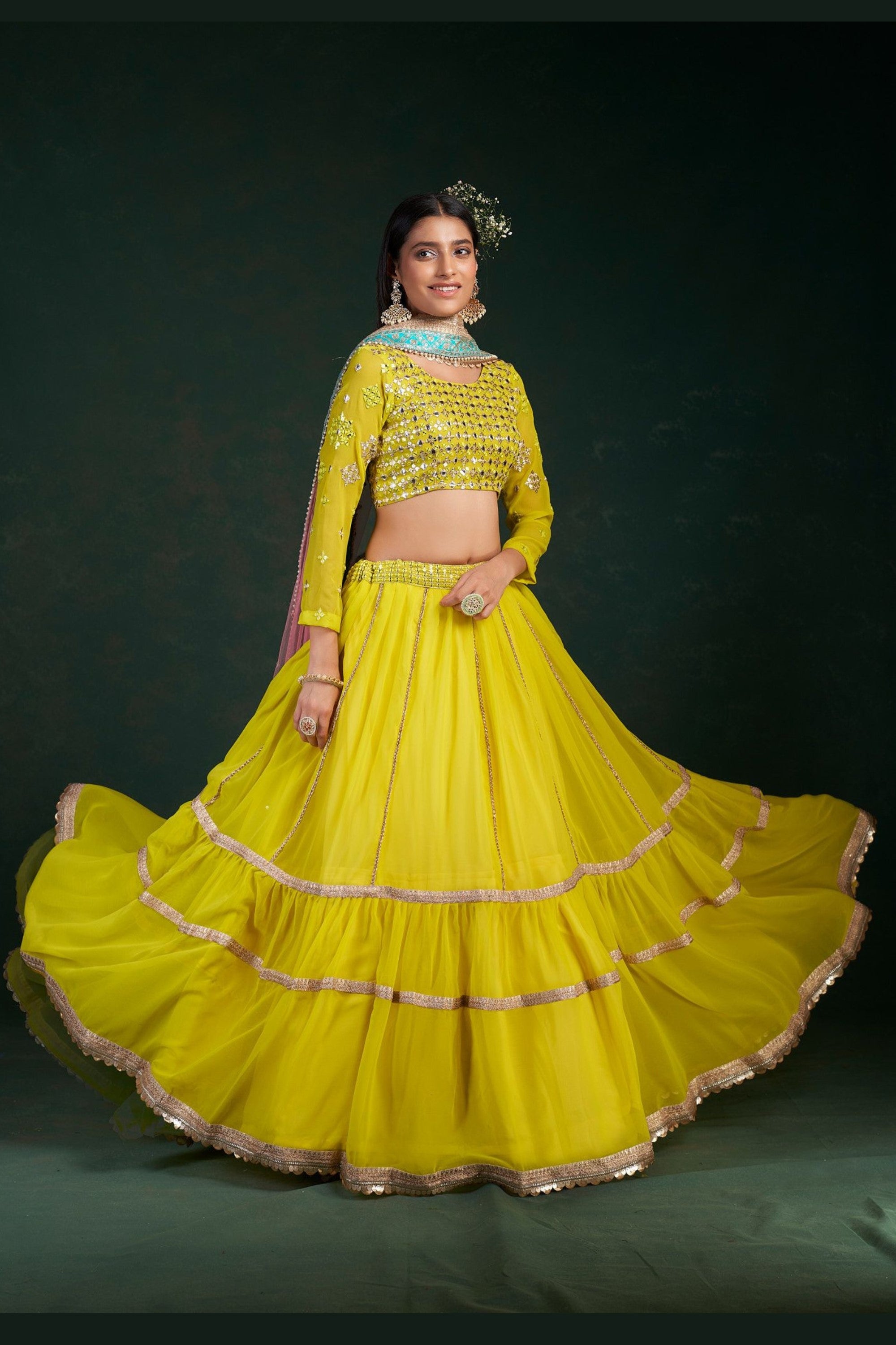 Yellow Party Wear Designer Crop Top Lehenga at Rs 2999 in Surat | ID:  2851775230097