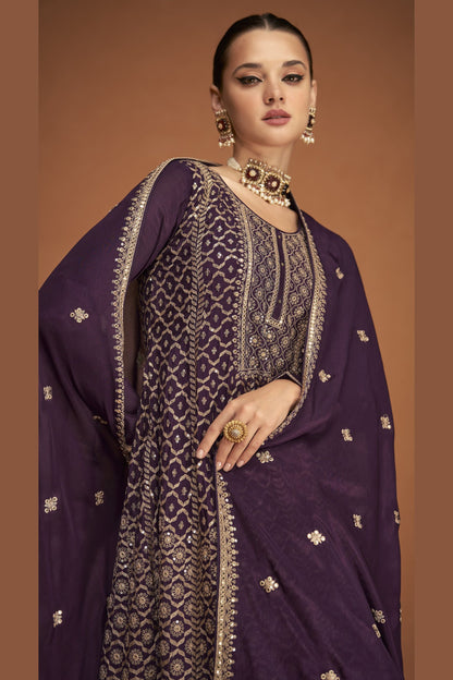 Maroon Pakistani Chinon Sharara For Indian Festivals & Weddings - Thread Embroidery Work,