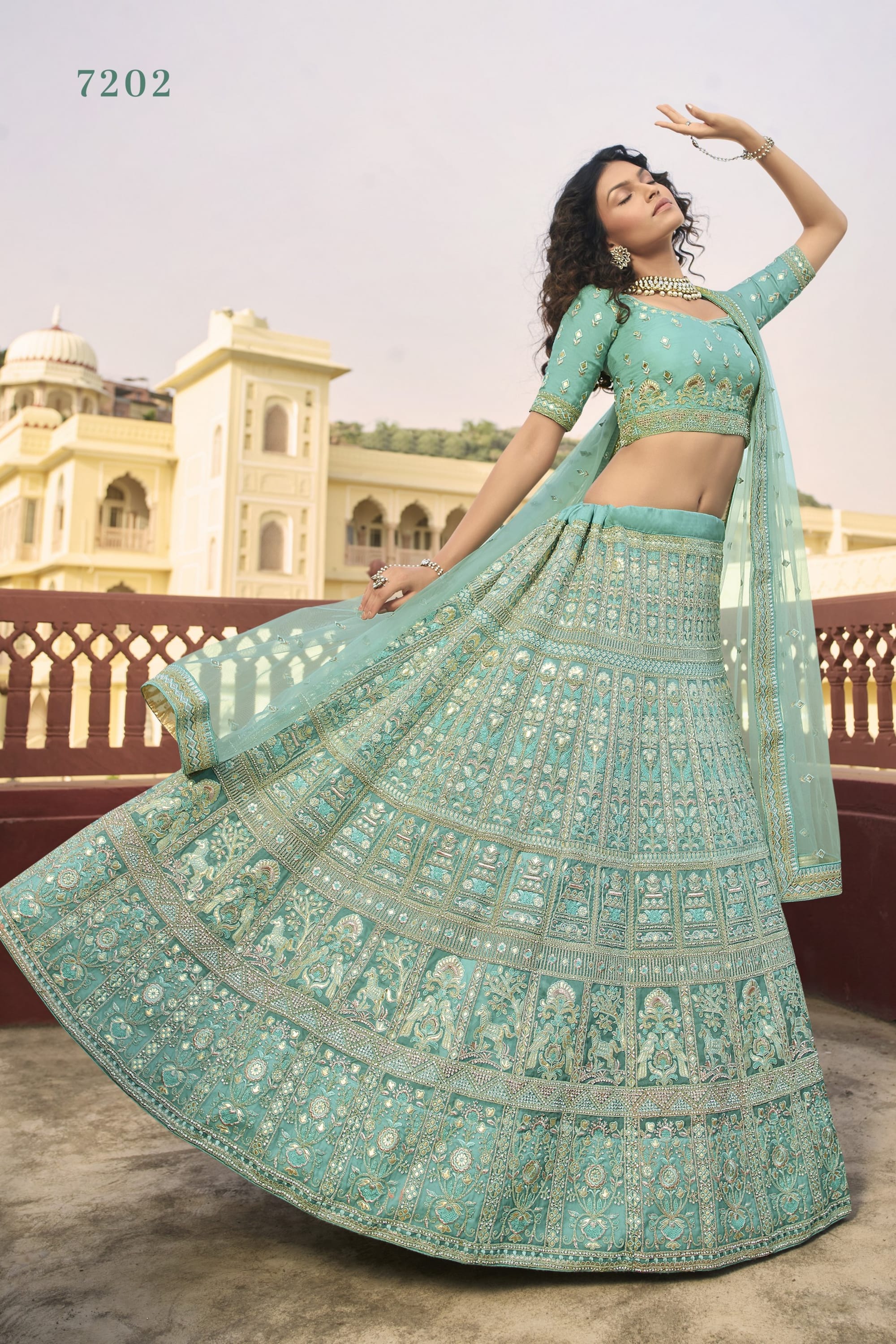 Turquoise Pakistani Organza Lehenga Choli For Indian Festivals & Weddings - Sequence Embroidery Work, Resham Embroidery Work, Zari Work, Dori Work, Zarkan Work