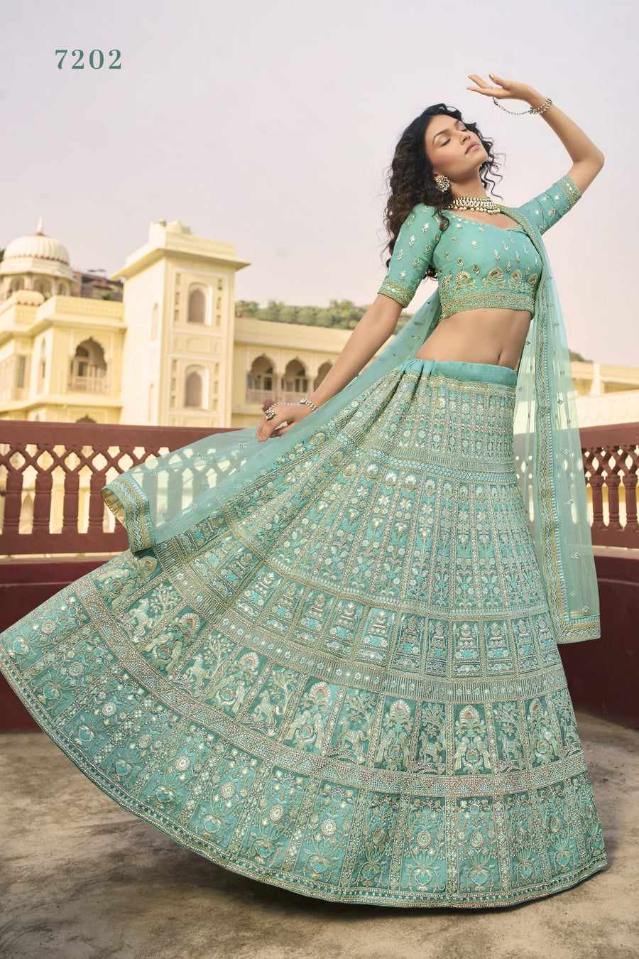 Turquoise Pakistani Organza Lehenga Choli For Indian Festivals & Weddings - Sequence Embroidery Work, Resham Embroidery Work, Zari Work, Dori Work, Zarkan Work
