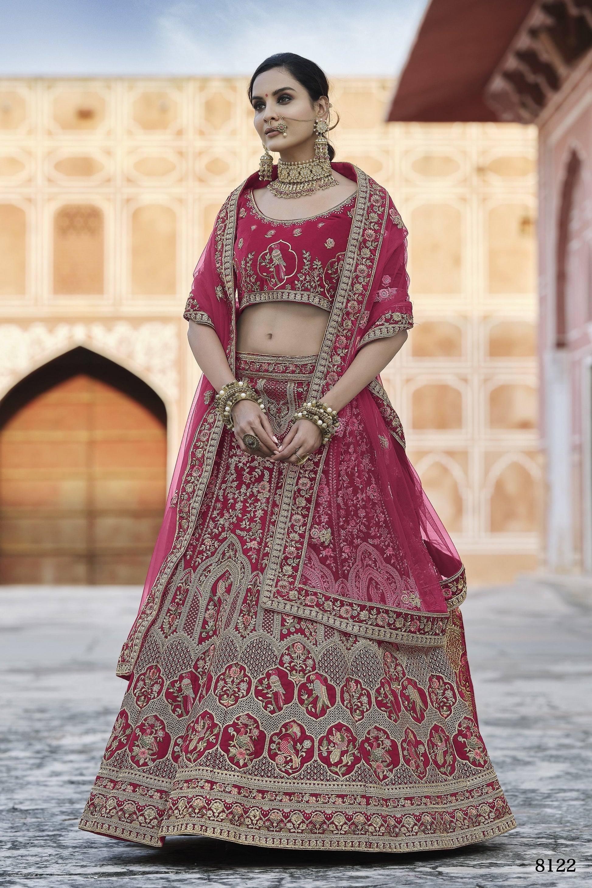 Pink Pakistani Velvet Lehenga Choli For Indian Festivals & Weddings - Thread Embroidery Work,