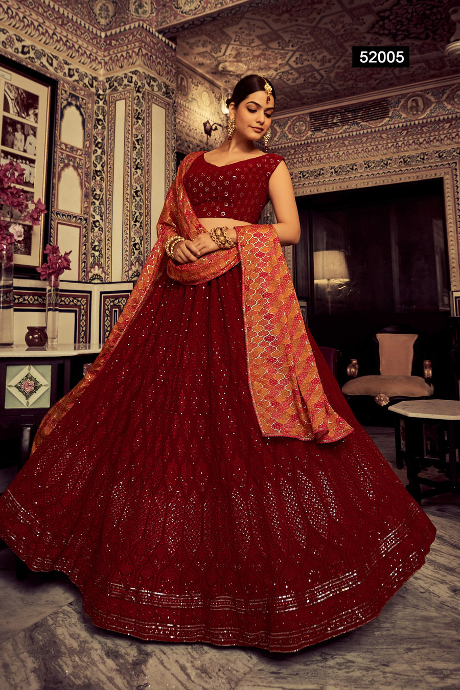 Dark Red Pakistani Georgette Lehenga Choli For Indian Festivals & Weddings - Sequence Embroidery Work, Thread Embroidery Work,
