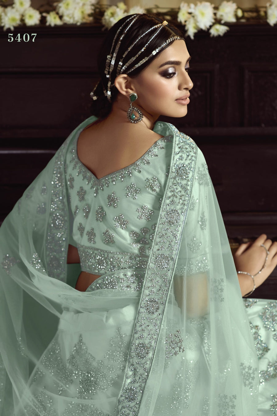 Sky Blue Pakistani Net Lehenga Choli For Indian Festivals & Weddings - , Dori Work, Zarkan Work