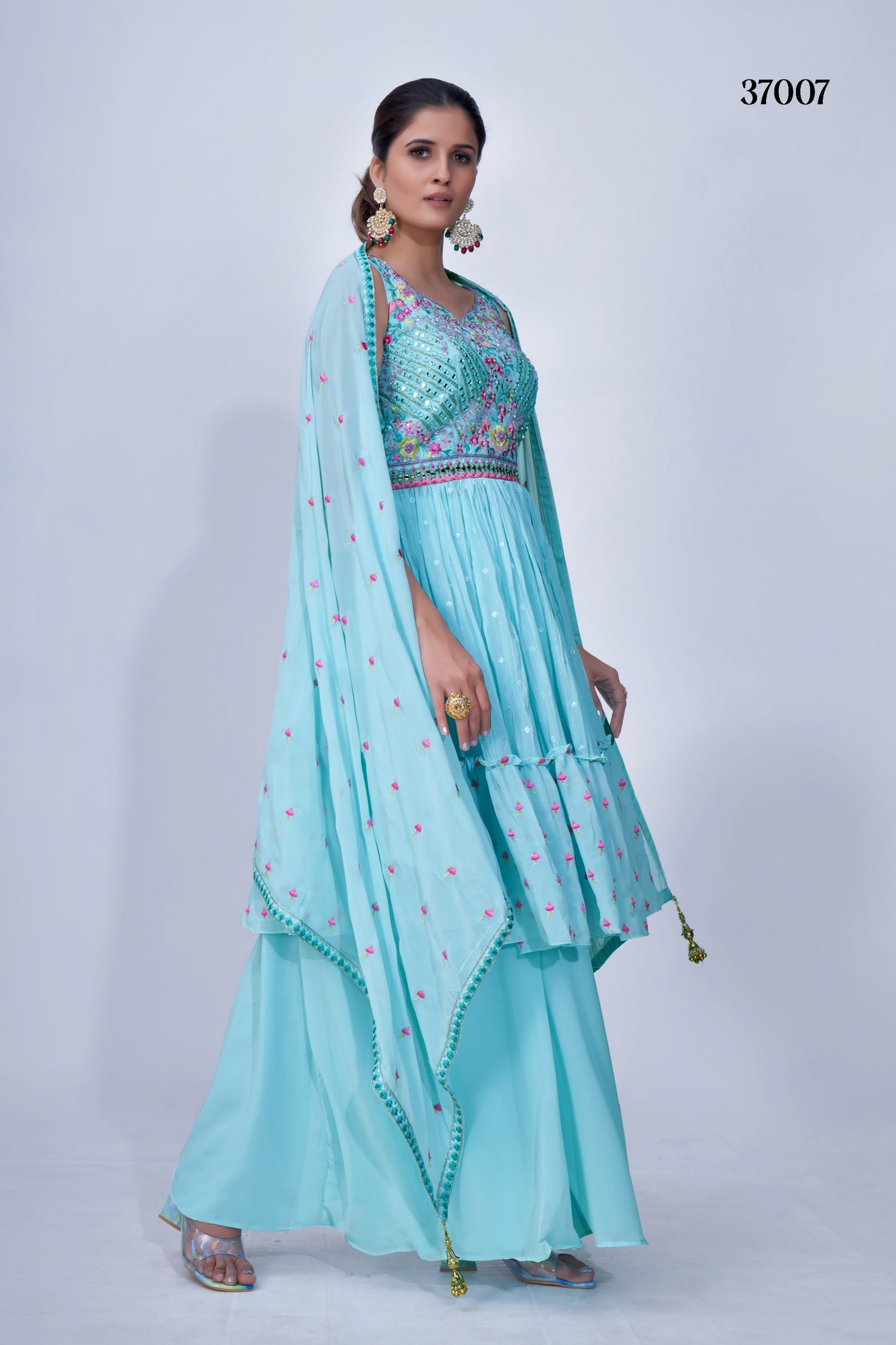 Turquoise Pakistani Chiffon Plazo For Indian Festivals & Weddings - Thread Embroidery Work, Mirror Work, Beads Work