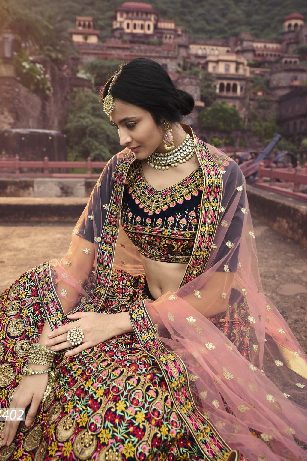 Navy Blue Pakistani Velvet Lehenga Choli For Indian Festivals & Weddings - Sequence Embroidery Work, Thread Embroidery Work, Zari Work, Zarkan Work