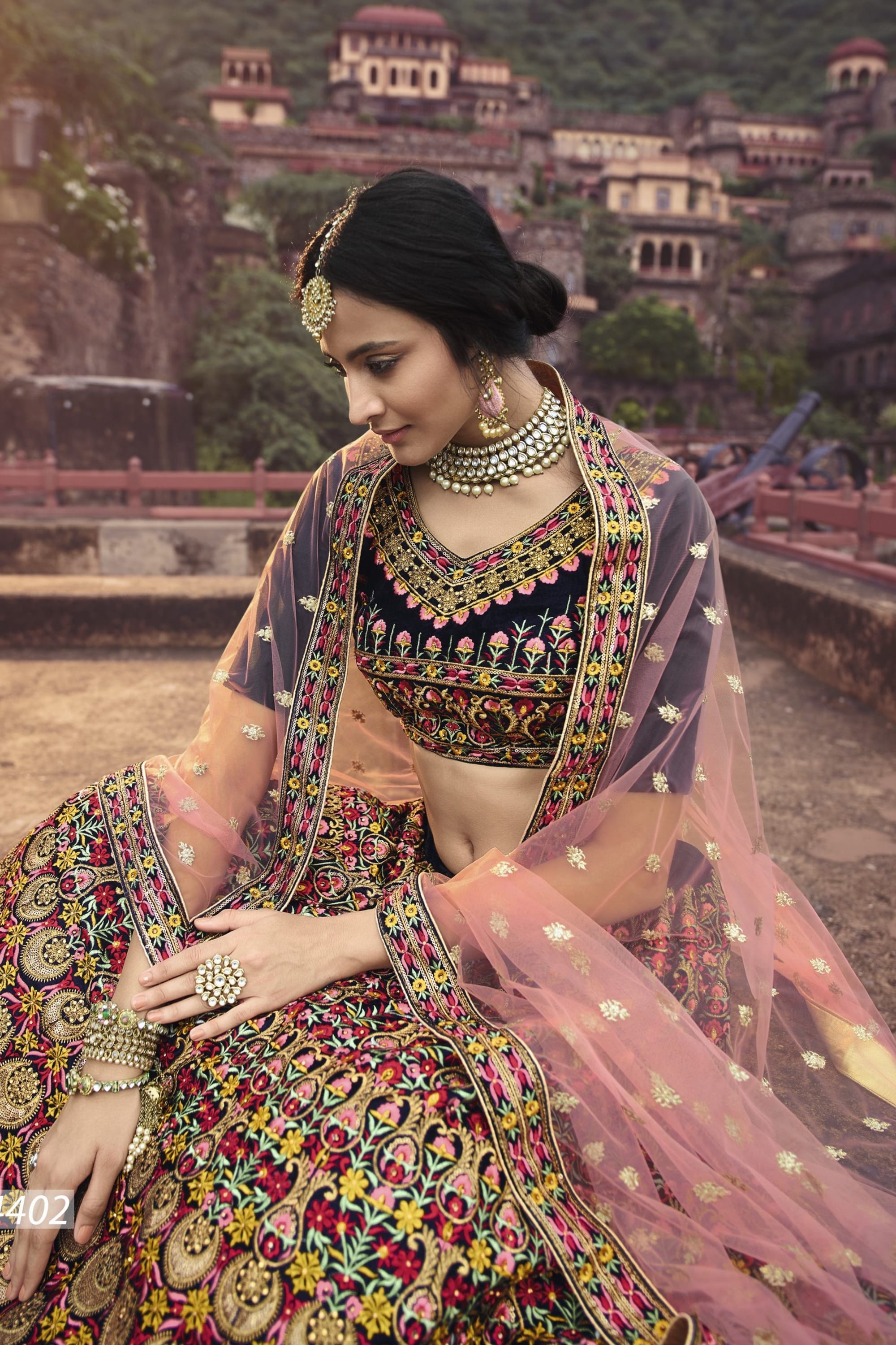 Navy Blue Pakistani Velvet Lehenga Choli For Indian Festivals & Weddings - Sequence Embroidery Work, Thread Embroidery Work, Zari Work, Zarkan Work