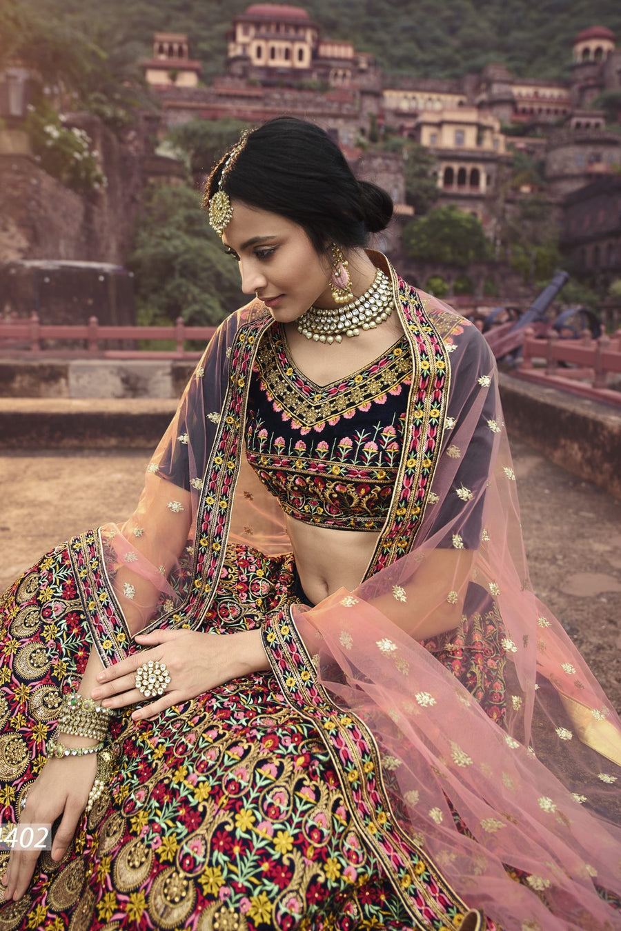 Navy Blue Pakistani Velvet Lehenga Choli For Indian Festivals & Weddings - Sequence Embroidery Work, Thread Embroidery Work, Zari Work, Zarkan Work