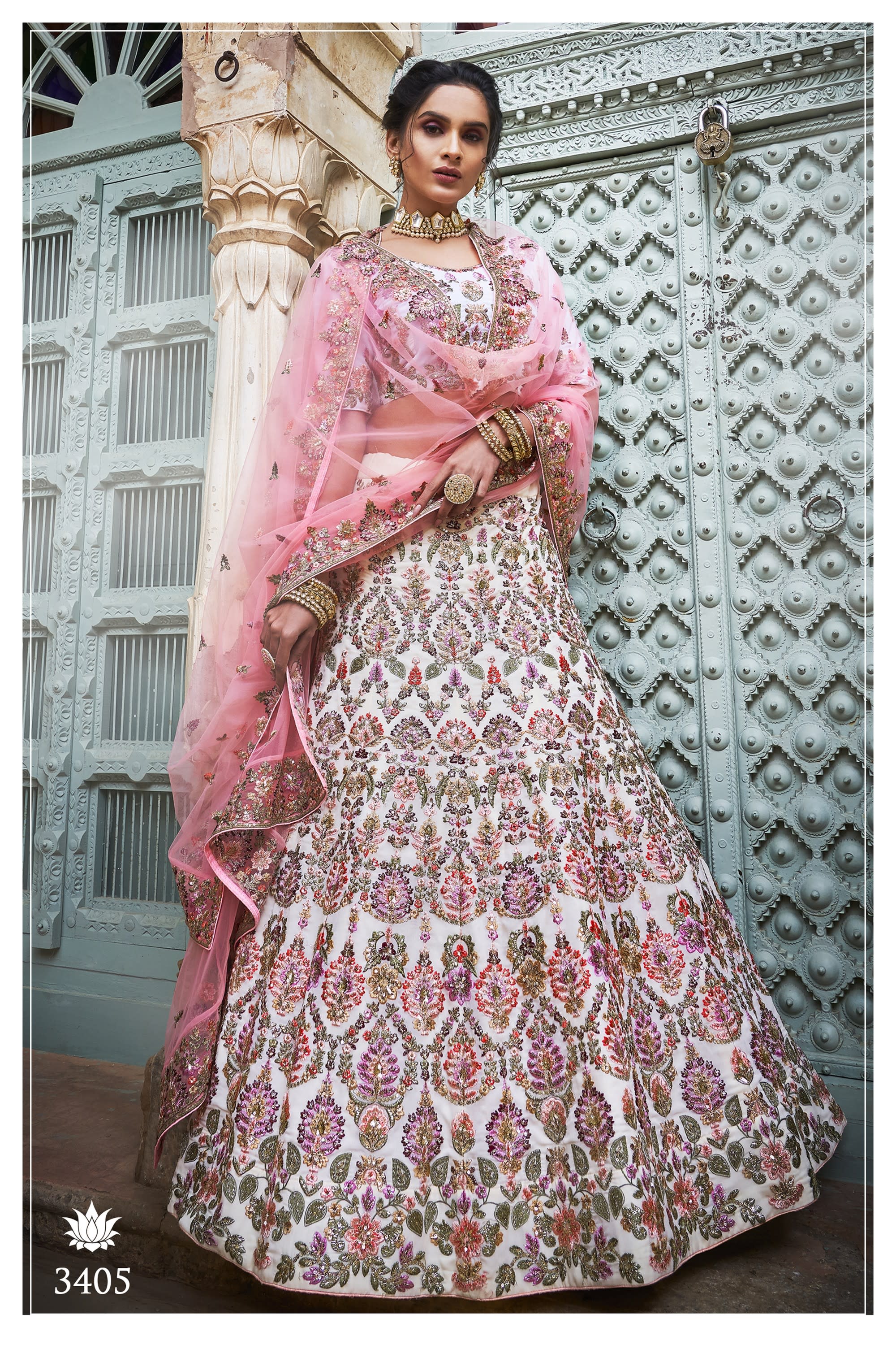 Cream Pakistani Georgette Lehenga Choli For Indian Festivals & Weddings - Sequence Embroidery Work, Thread Embroidery Work, Zari Work, Zarkan Work