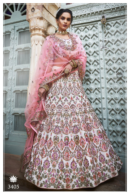 Cream Pakistani Georgette Lehenga Choli For Indian Festivals & Weddings - Sequence Embroidery Work, Thread Embroidery Work, Zari Work, Zarkan Work