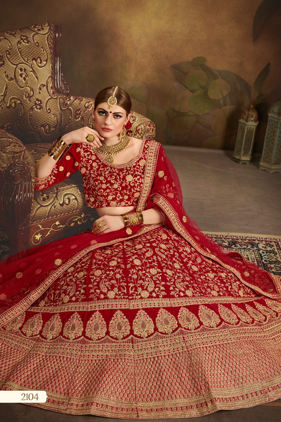 Red Pakistani Velvet Lehenga Choli For Indian Festivals & Weddings - Thread Embroidery Work,