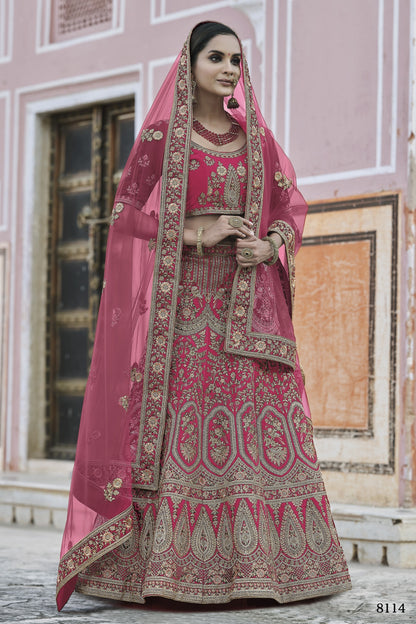 Pink Pakistani Velvet Lehenga Choli For Indian Festivals & Weddings - Thread Embroidery Work,