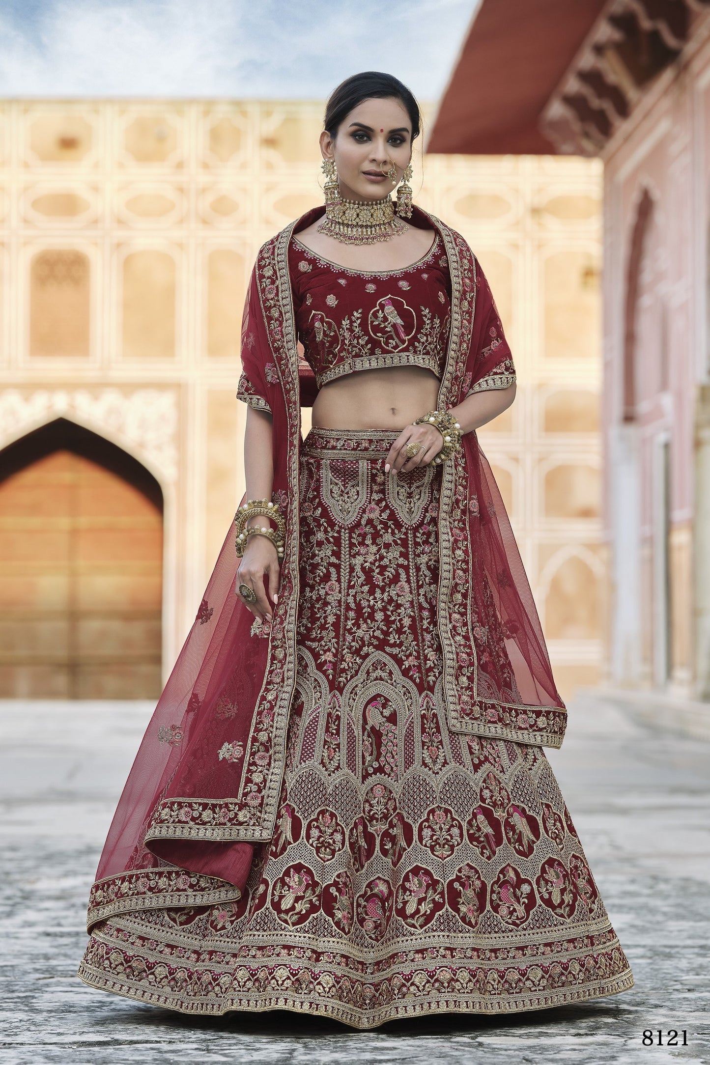 Maroon Pakistani Velvet Lehenga Choli For Indian Festivals & Weddings - Thread Embroidery Work,