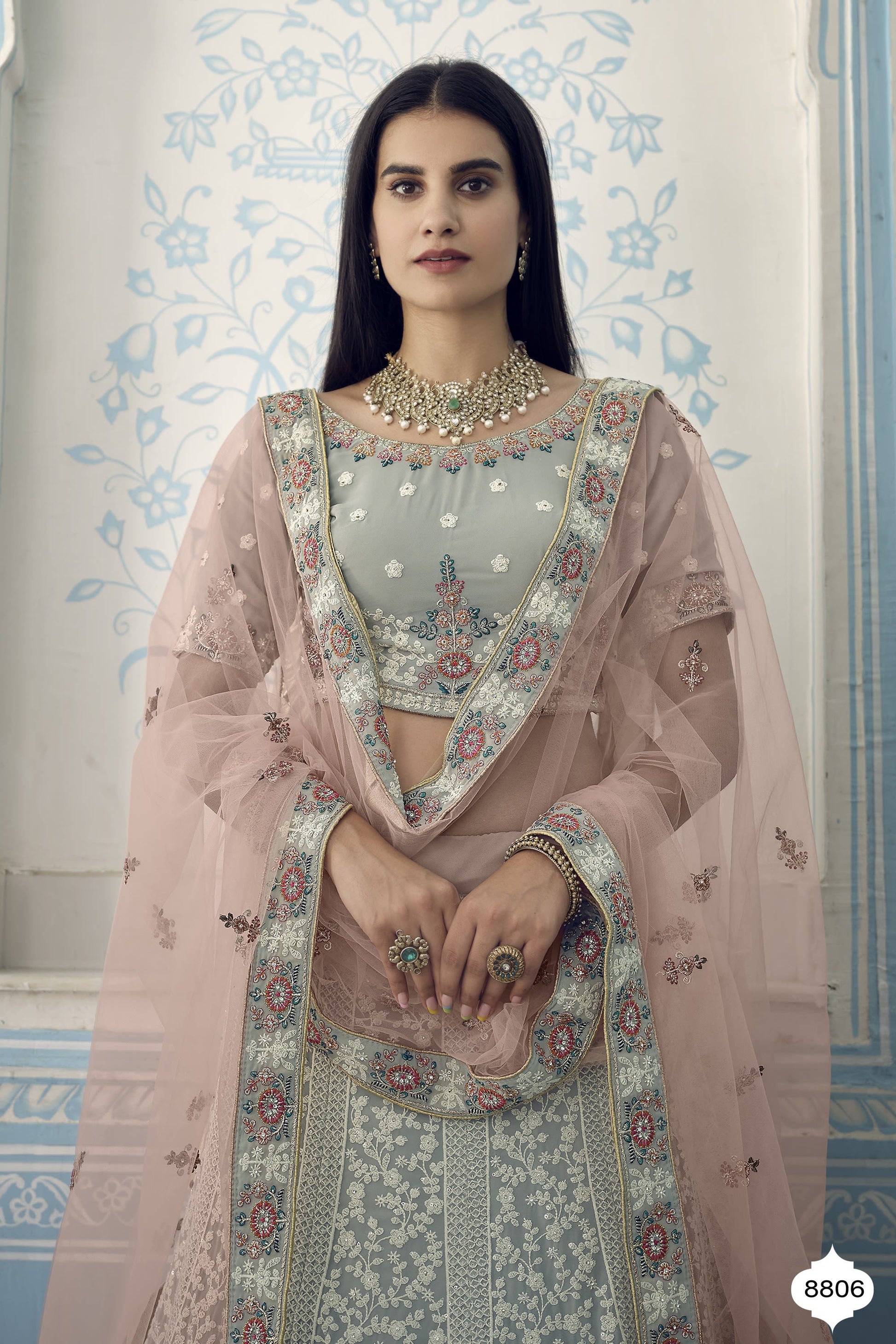 Grey Pakistani Georgette Lehenga Choli For Indian Festivals & Weddings - Thread Embroidery Work, Zari Work, Zarkan Work