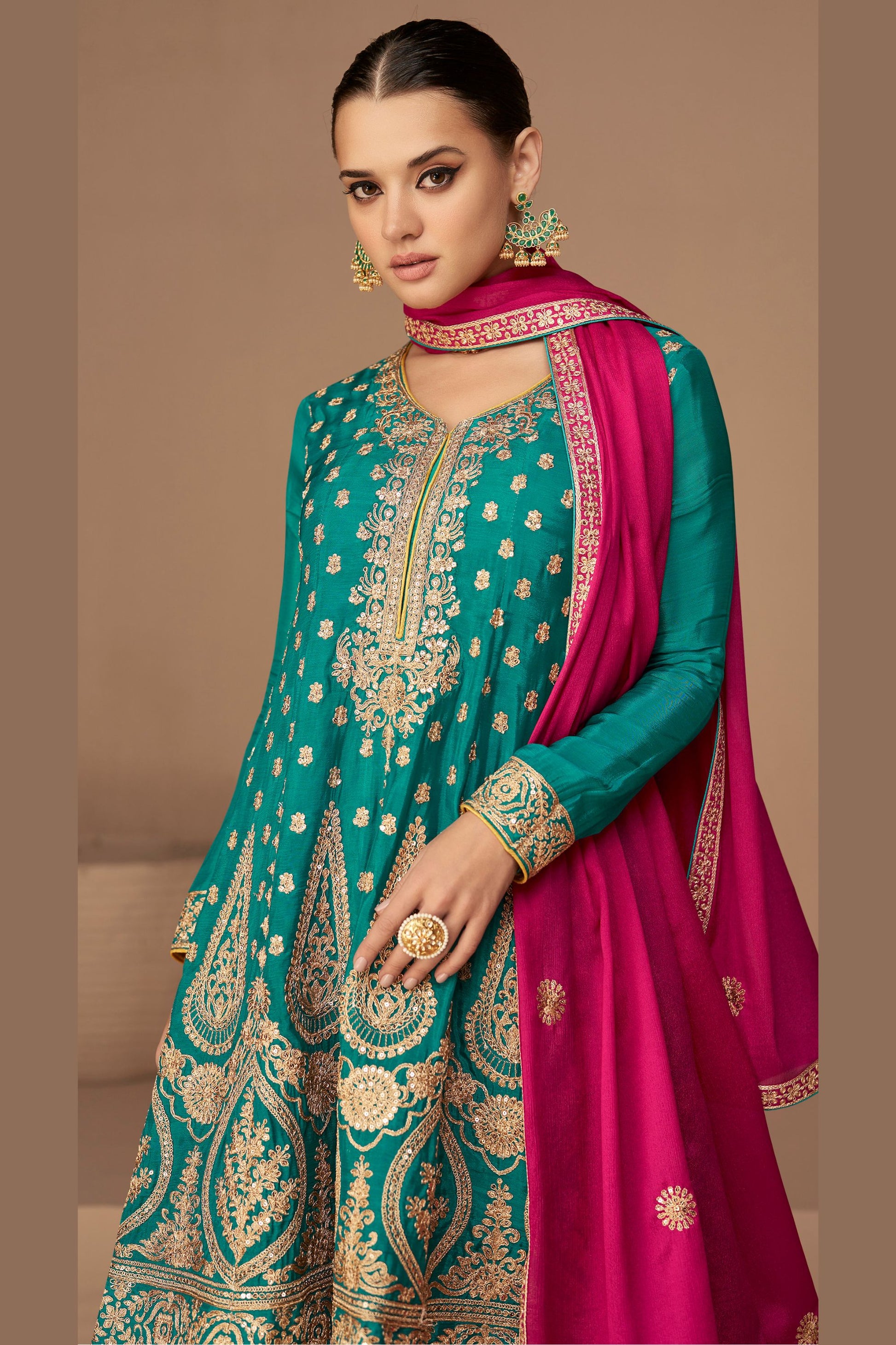 Teal Pakistani Chinon Salwar Kameez For Indian Festivals & Weddings - Thread Embroidery Work,