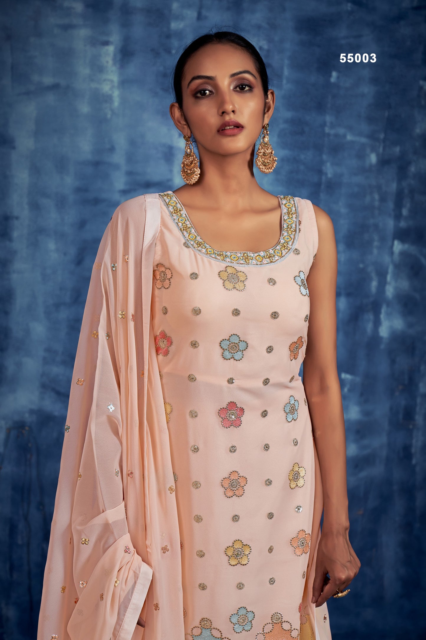 Peach Pakistani Georgette Sharara For Indian Festivals & Weddings - Sequence Embroidery Work, Thread Embroidery Work,