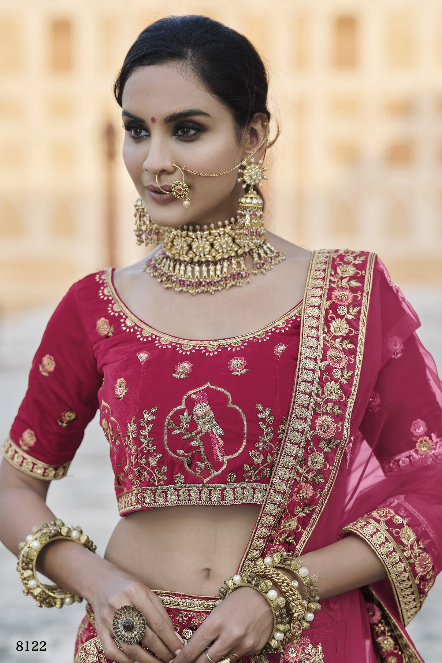 Pink Pakistani Velvet Lehenga Choli For Indian Festivals & Weddings - Thread Embroidery Work,