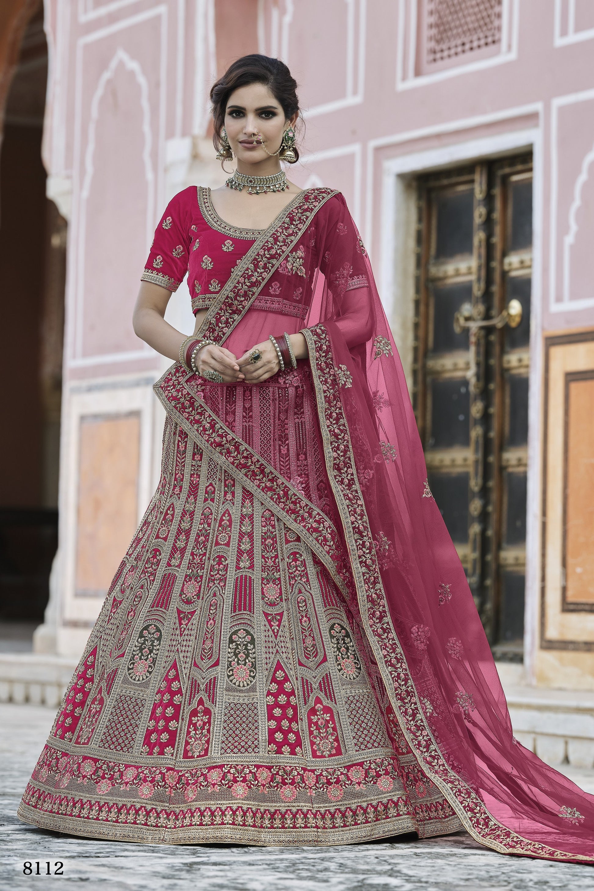 Pink Pakistani Velvet Lehenga Choli For Indian Festivals & Weddings - Thread Embroidery Work,