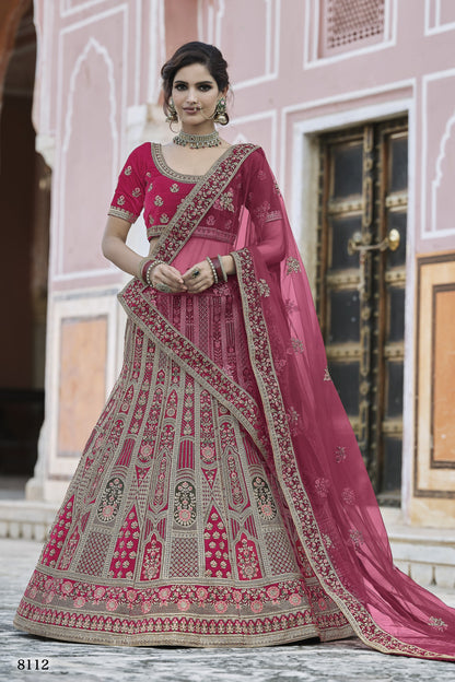 Pink Pakistani Velvet Lehenga Choli For Indian Festivals & Weddings - Thread Embroidery Work,