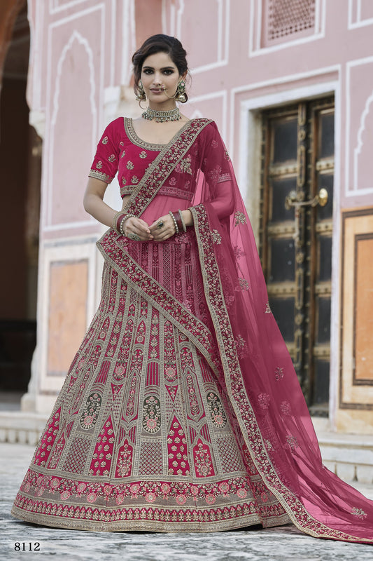 Pink Pakistani Velvet Lehenga Choli For Indian Festivals & Weddings - Thread Embroidery Work,