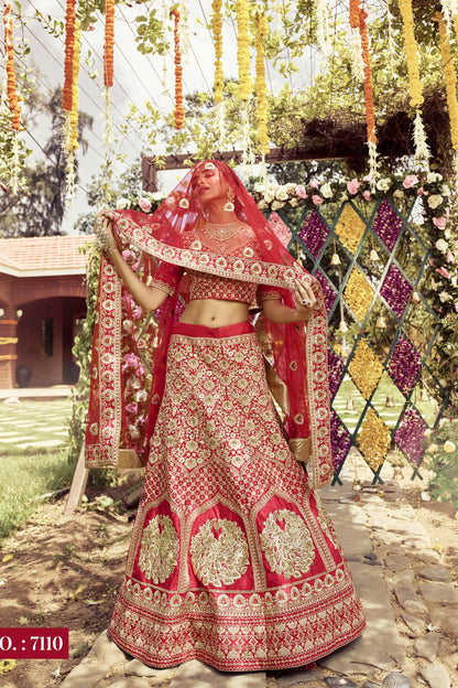 Red Pakistani Raw Silk Lehenga Choli For Indian Festivals & Weddings - , Zari Work, Dori Work, Zarkan Work