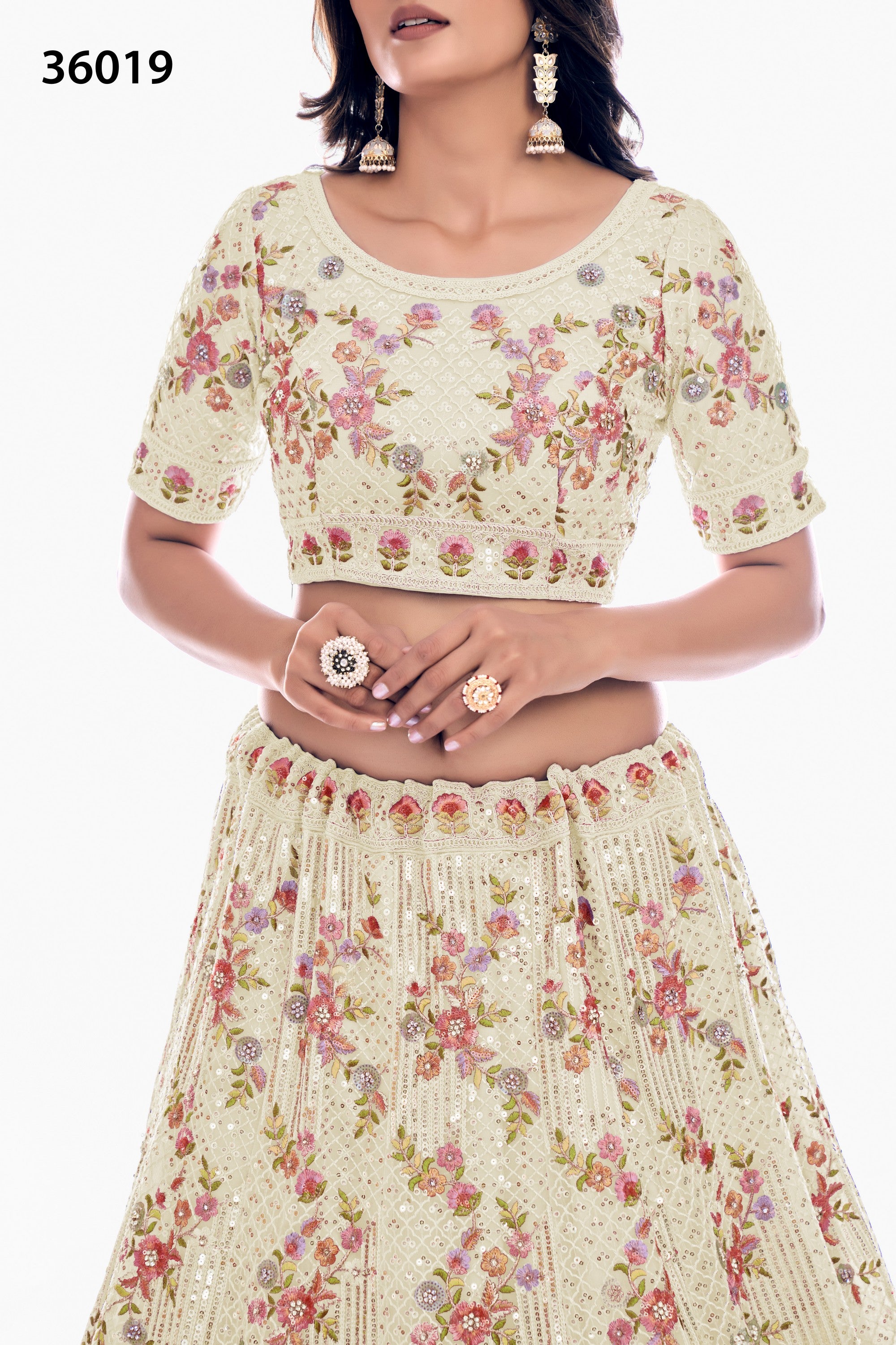 Off White Pakistani Net Lehenga Choli For Indian Festivals & Weddings - Sequence Embroidery Work, Thread Embroidery Work, Dori Work, Zarkan Work