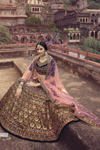 Navy Blue Pakistani Velvet Lehenga Choli For Indian Festivals & Weddings - Sequence Embroidery Work, Thread Embroidery Work, Zari Work, Zarkan Work