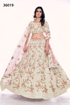 Off White Pakistani Net Lehenga Choli For Indian Festivals & Weddings - Sequence Embroidery Work, Thread Embroidery Work, Dori Work, Zarkan Work