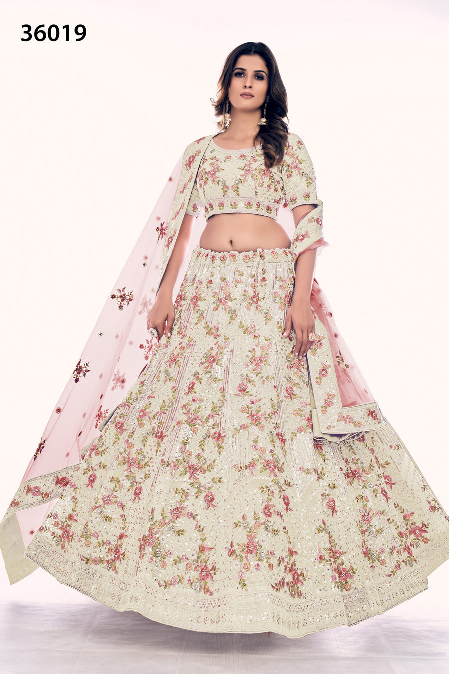 Off White Pakistani Net Lehenga Choli For Indian Festivals & Weddings - Sequence Embroidery Work, Thread Embroidery Work, Dori Work, Zarkan Work