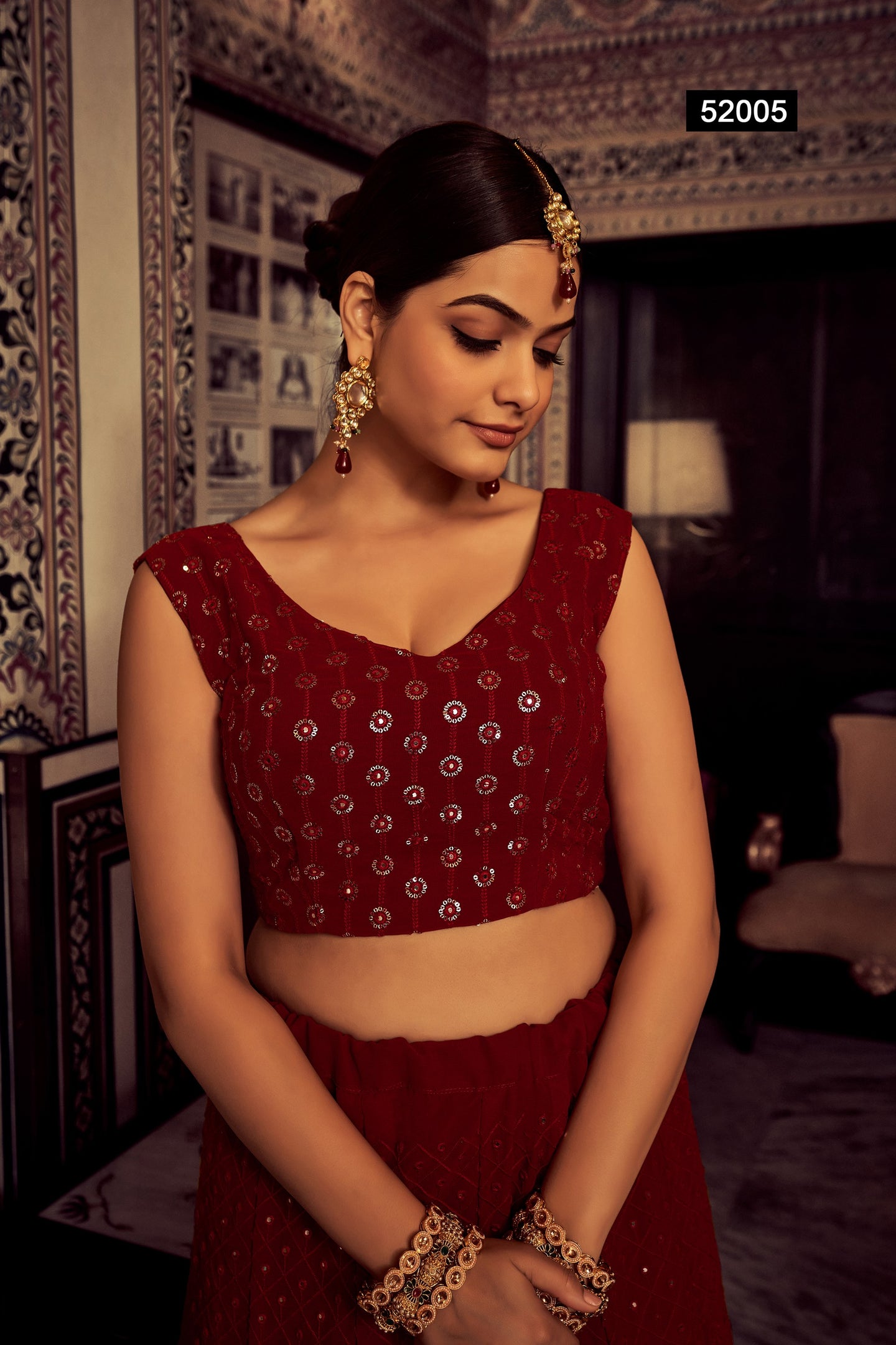 Dark Red Pakistani Georgette Lehenga Choli For Indian Festivals & Weddings - Sequence Embroidery Work, Thread Embroidery Work,