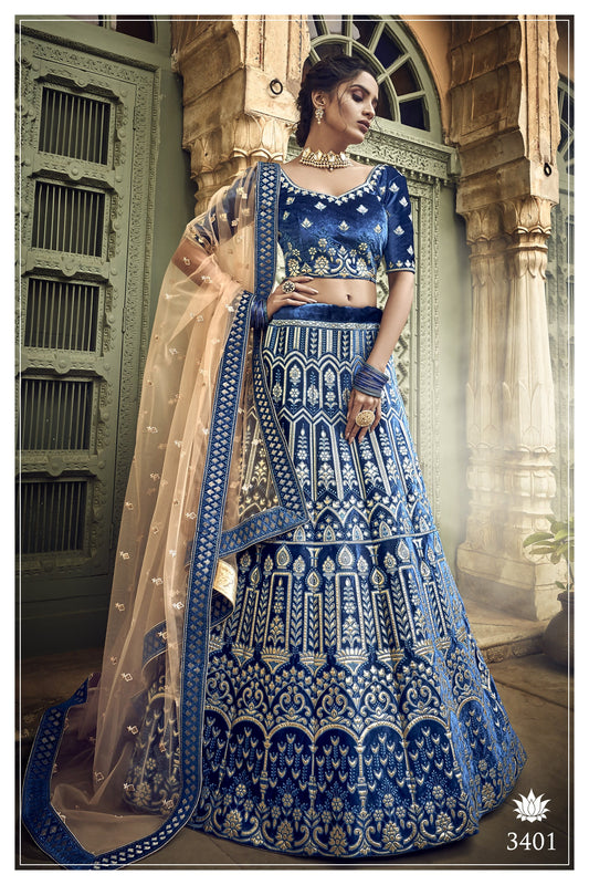Blue Pakistani Velvet Lehenga Choli For Indian Festivals & Weddings - Thread Embroidery Work, Zari Work