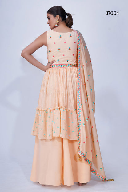 Peach Pakistani Chiffon Plazo For Indian Festivals & Weddings - Thread Embroidery Work, Mirror Work, Beads Work