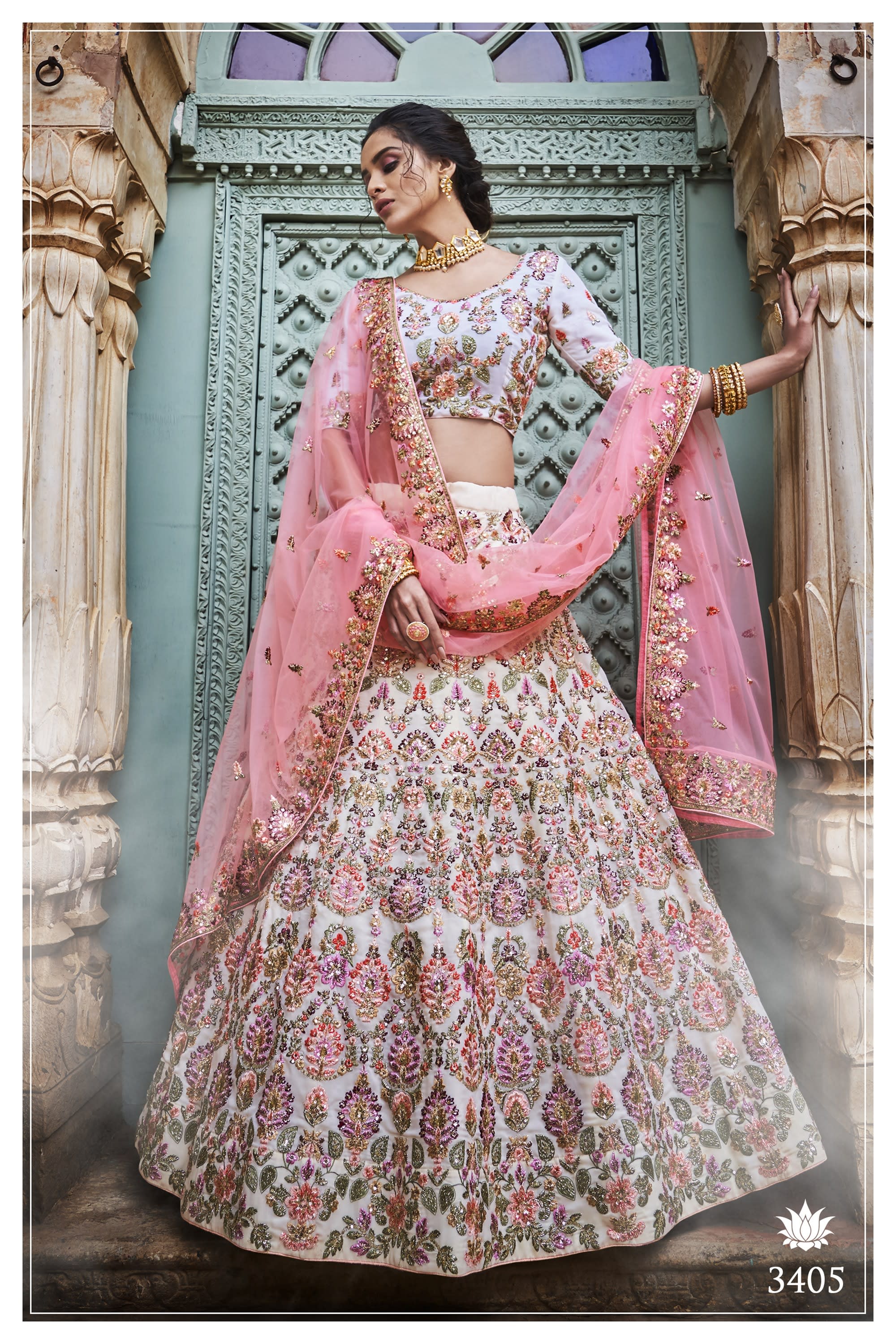 Cream Pakistani Georgette Lehenga Choli For Indian Festivals & Weddings - Sequence Embroidery Work, Thread Embroidery Work, Zari Work, Zarkan Work